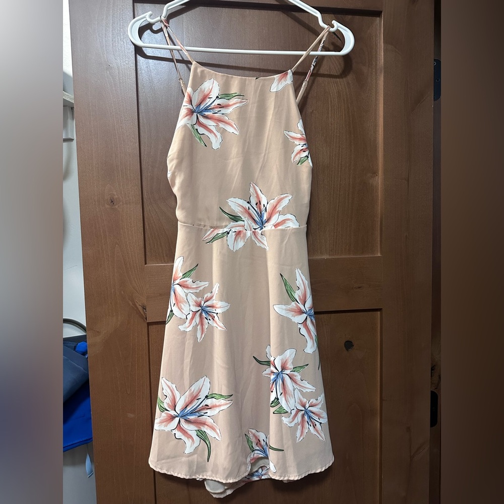 Lulu's Floral Dress - Tan with Pink and White Accents